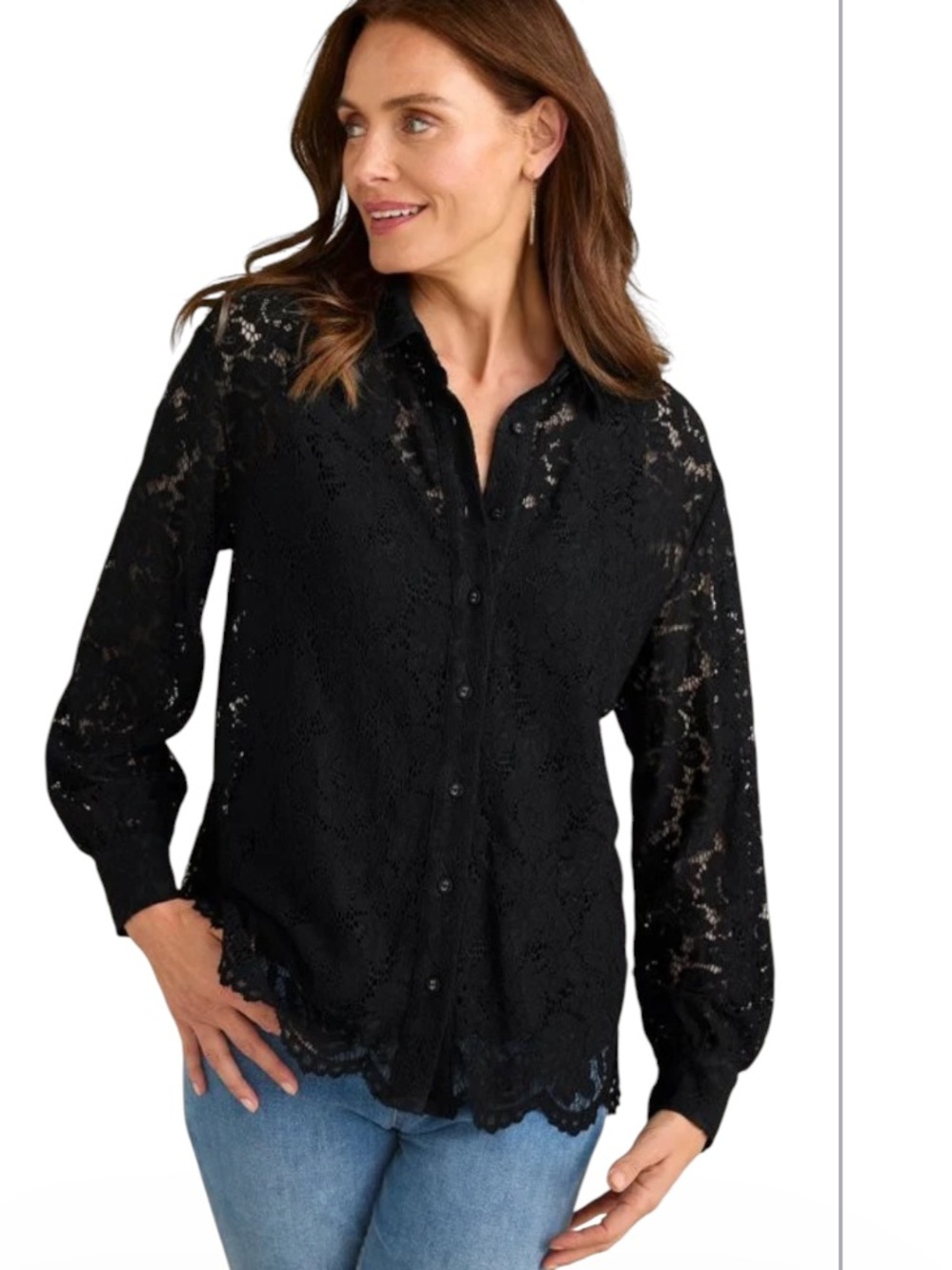 Soft Surroundings Black Lace Scallop Hemline  Button Down with Tank Size M NEW